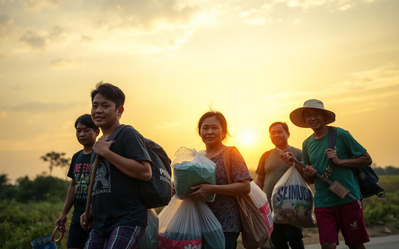 Filipino volunteers carrying relief goods together at sunrise